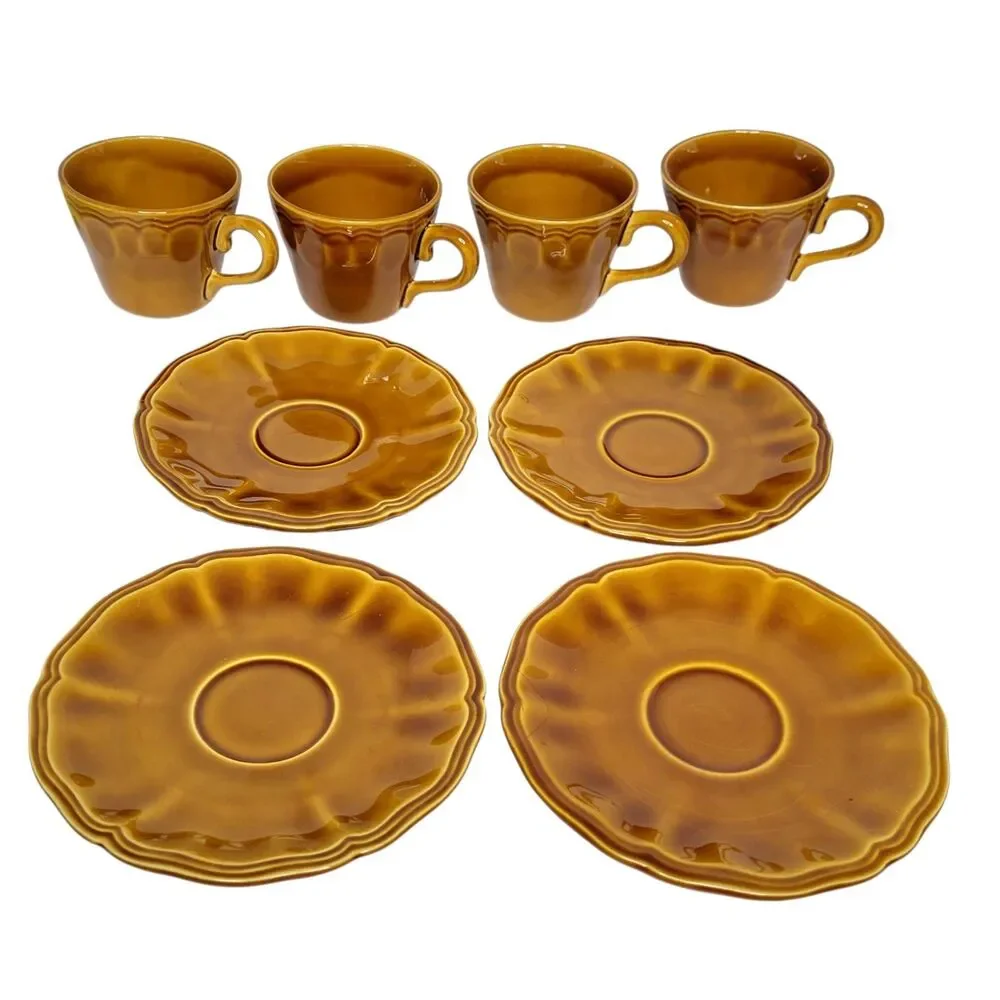 Amber Brown Ceramic Teacup and Saucer Set - 4-Piece
